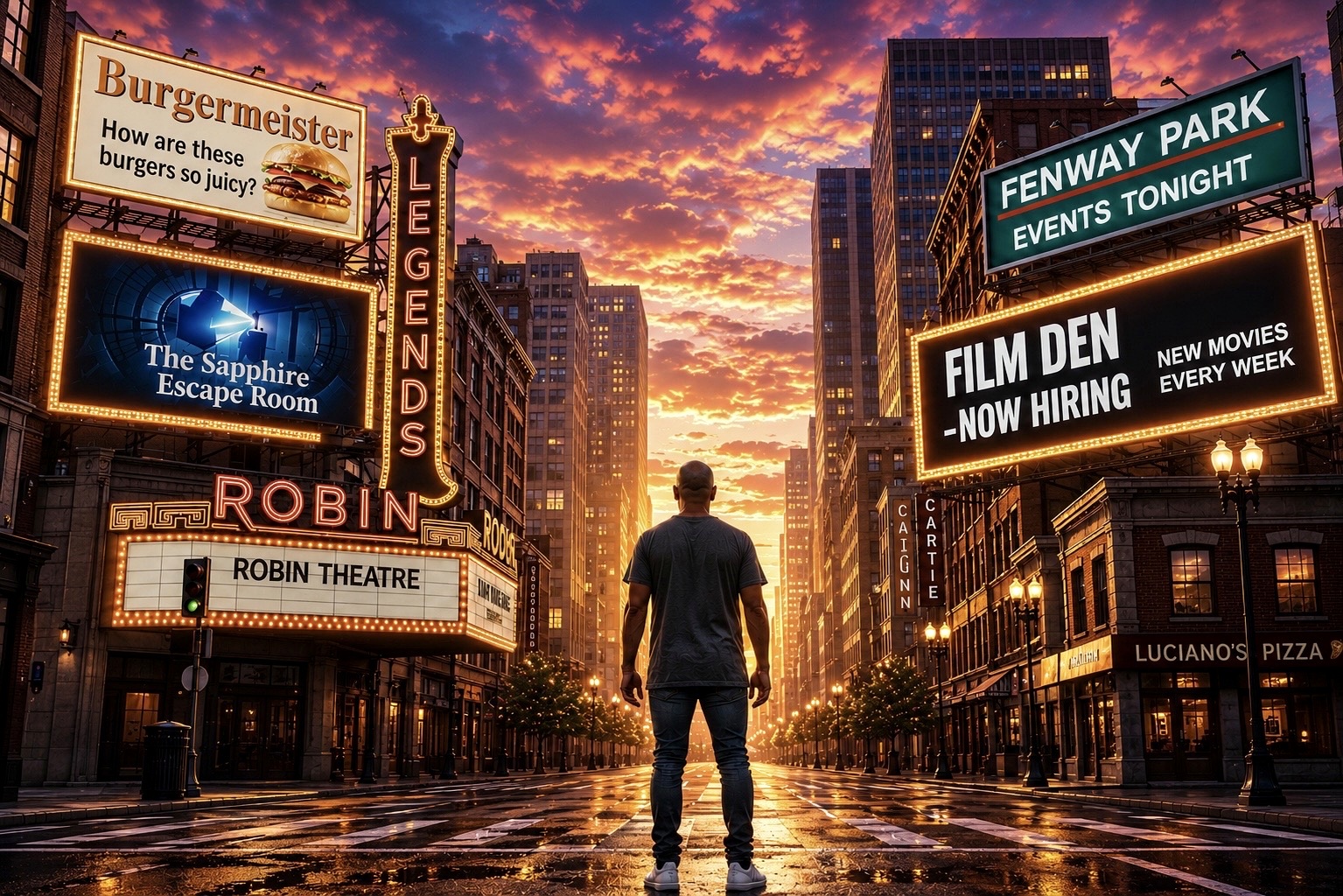 A cinematic city discovery scene with signs and local experiences
