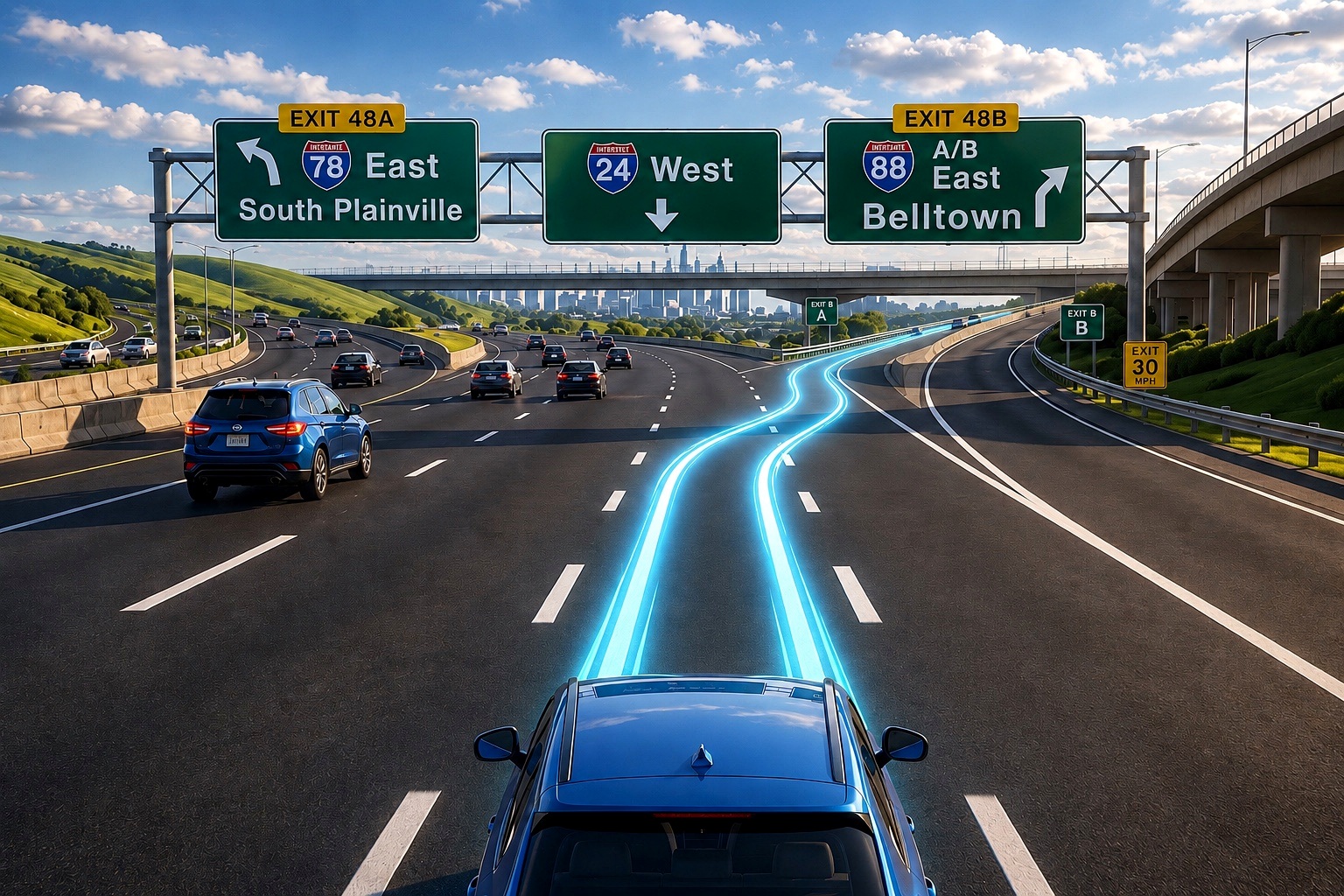 A glowing route preview on a highway interchange